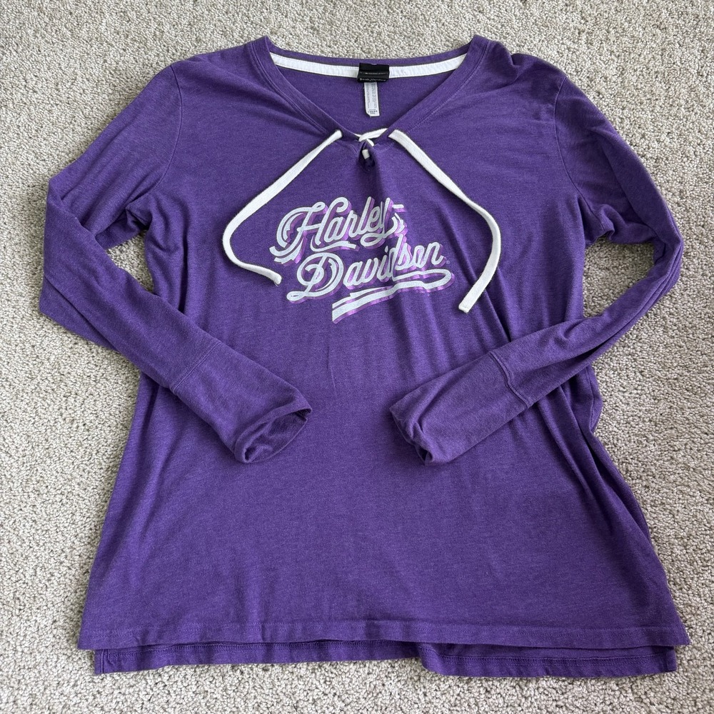 Harley-Davidson Shirt Womens 2XL Purple Long Sleeve V Neck Lace Up Tunic Top